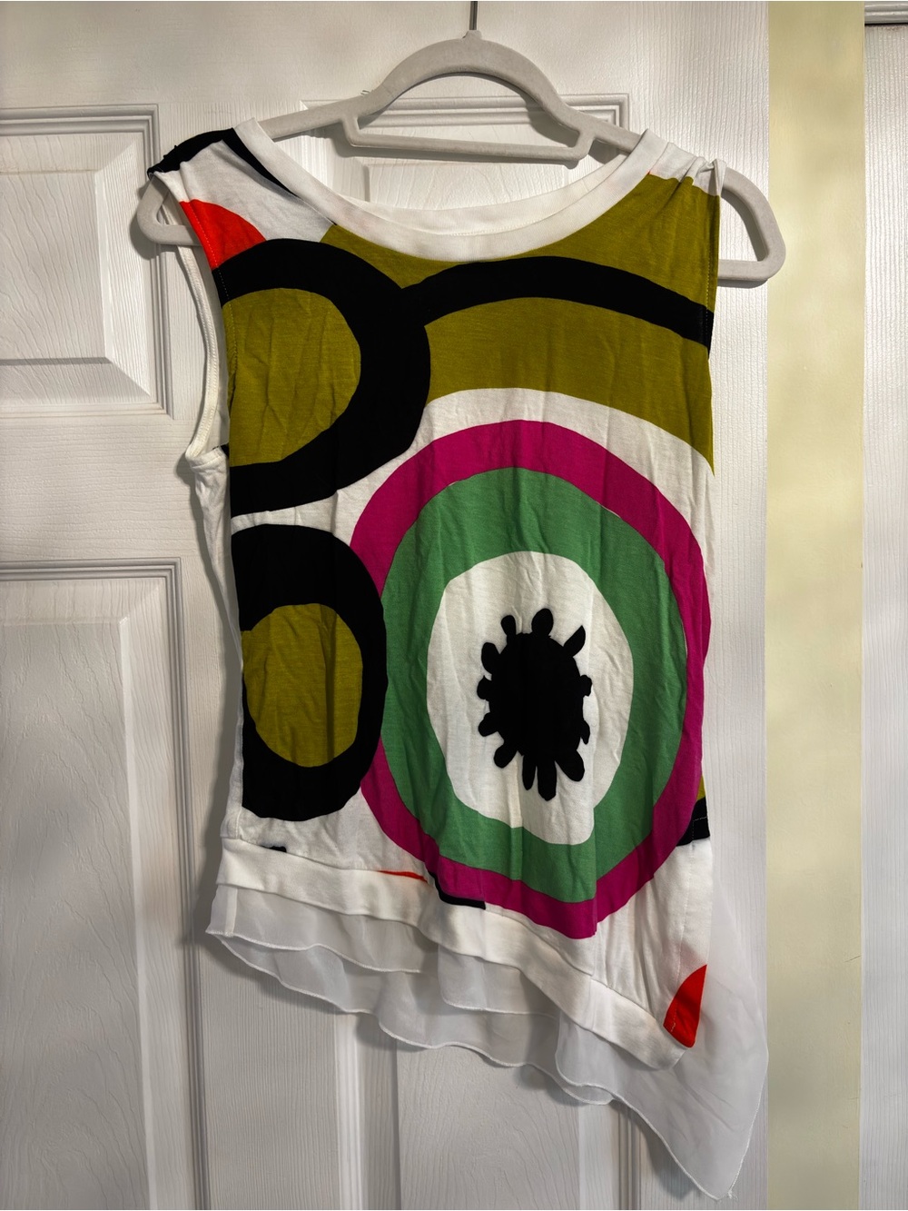 Desigual White Tank Top with Green, Pink & Black Bold Circles
